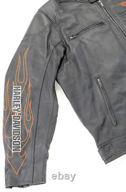 Veste en cuir noir Harley Davidson pour hommes taille 2XL prête pour la route avec bouclier de bar et flammes zip