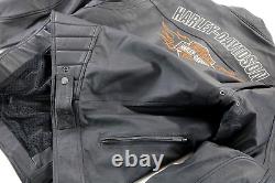 Veste en cuir noir Harley Davidson pour hommes taille 2XL prête pour la route avec bouclier de bar et flammes zip