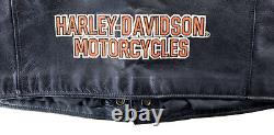 Veste en cuir noir pour homme Harley Davidson avec logo vintage en orange et boutons-pression.