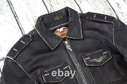 Veste en cuir noir vieilli Harley Davidson Vintage Winged Bar & Shield pour hommes de taille M