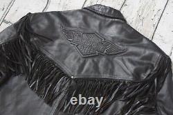 Veste en cuir noir vieilli à franges Harley Davidson pour homme, fabriquée aux États-Unis, avec le logo Bar & Shield