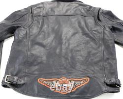 Veste en cuir noire Harley Davidson pour homme taille M, à double fermeture éclair pour motard avec boutons pression et aigle, en bon état.