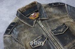 Veste en cuir noire usée Harley Davidson pour homme avec ailes et blason vintage, taille XL