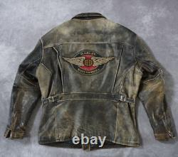 Veste en cuir noire usée Harley Davidson pour homme avec ailes et blason vintage, taille XL