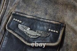 Veste en cuir noire usée Harley Davidson pour homme avec ailes et blason vintage, taille XL