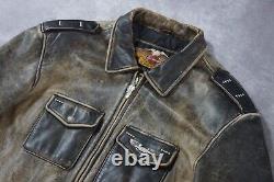 Veste en cuir noire usée Harley Davidson pour homme avec ailes et blason vintage, taille XL