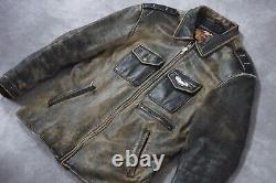 Veste en cuir noire usée Harley Davidson pour homme avec ailes et blason vintage, taille XL