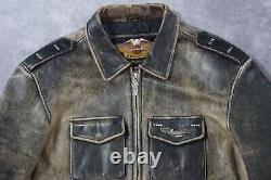 Veste en cuir noire usée Harley Davidson pour homme avec ailes et blason vintage, taille XL