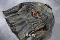 Veste en cuir noire usée Harley Davidson pour homme avec ailes et blason vintage, taille XL