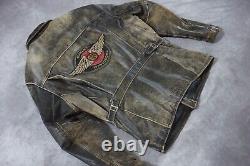 Veste en cuir noire usée Harley Davidson pour homme avec ailes et blason vintage, taille XL