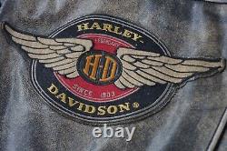 Veste en cuir noire usée Harley Davidson pour homme avec ailes et blason vintage, taille XL