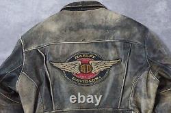 Veste en cuir noire usée Harley Davidson pour homme avec ailes et blason vintage, taille XL