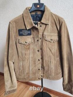 Veste en cuir suédé Harley Davidson Gauges avec logo HD Bar Shield tan pour femmes taille L NEUVE