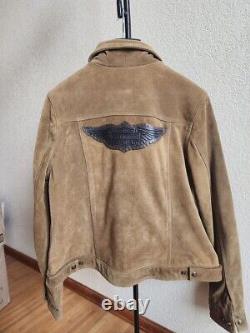 Veste en cuir suédé Harley Davidson Gauges avec logo HD Bar Shield tan pour femmes taille L NEUVE