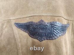 Veste en cuir suédé Harley Davidson Gauges avec logo HD Bar Shield tan pour femmes taille L NEUVE