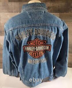 Veste en jean en coton bleu pour hommes Harley Davidson avec boutons, logo bouclier orange, taille LARGE.