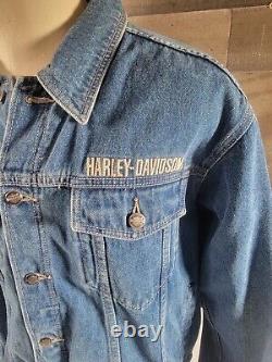 Veste en jean en coton bleu pour hommes Harley Davidson avec boutons, logo bouclier orange, taille LARGE.