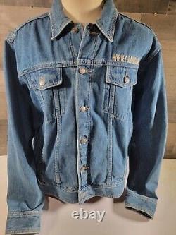 Veste en jean en coton bleu pour hommes Harley Davidson avec boutons, logo bouclier orange, taille LARGE.