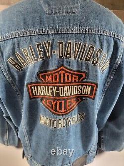 Veste en jean en coton bleu pour hommes Harley Davidson avec boutons, logo bouclier orange, taille LARGE.