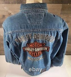 Veste en jean en coton bleu pour hommes Harley Davidson avec boutons, logo bouclier orange, taille LARGE.