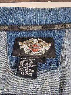 Veste en jean en coton bleu pour hommes Harley Davidson avec boutons, logo bouclier orange, taille LARGE.