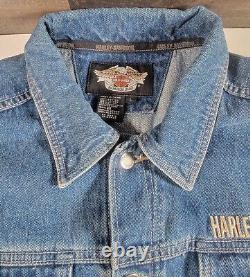 Veste en jean en coton bleu pour hommes Harley Davidson avec boutons, logo bouclier orange, taille LARGE.