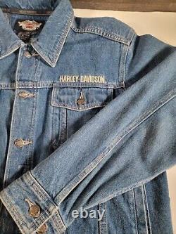 Veste en jean en coton bleu pour hommes Harley Davidson avec boutons, logo bouclier orange, taille LARGE.