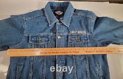 Veste en jean en coton bleu pour hommes Harley Davidson avec boutons, logo bouclier orange, taille LARGE.