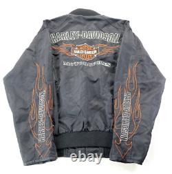 Veste pour homme Harley Davidson XL en nylon noir avec des flammes, un bouclier de bar et une fermeture éclair.