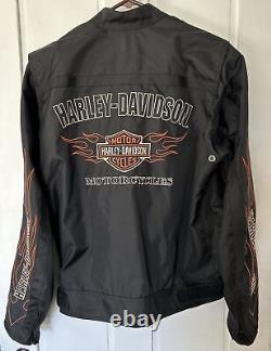 Veste pour homme Harley Davidson taille L en nylon noir avec des flammes, le logo Bar Shield, pour rouler en moto, fermeture éclair.