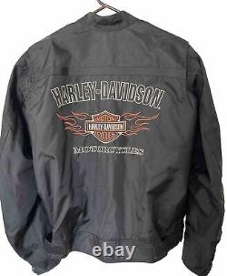 Veste pour homme Harley Davidson taille L en nylon noir avec des flammes, le logo Bar Shield, pour rouler en moto, fermeture éclair.