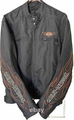 Veste pour homme Harley Davidson taille L en nylon noir avec des flammes, le logo Bar Shield, pour rouler en moto, fermeture éclair.