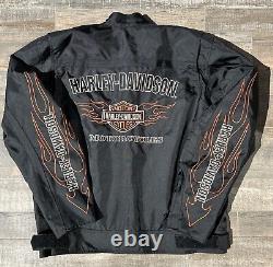 Veste pour homme Harley Davidson taille L en nylon noir avec des flammes, le logo Bar Shield, pour rouler en moto, fermeture éclair.