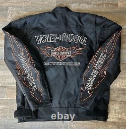 Veste pour homme Harley Davidson taille L en nylon noir avec des flammes, le logo Bar Shield, pour rouler en moto, fermeture éclair.