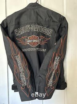 Veste pour homme Harley Davidson taille L en nylon noir avec des flammes, le logo Bar Shield, pour rouler en moto, fermeture éclair.