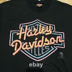 Vtg 80s Neon Harley Davidson Bar & Shield Signe T-shirt Big Bike Shop Ohio XL Tee