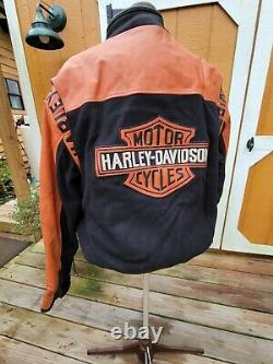 Vtg Harley Davidson Bar & Shield Orange Cuir Noir Et Veste En Laine Large L